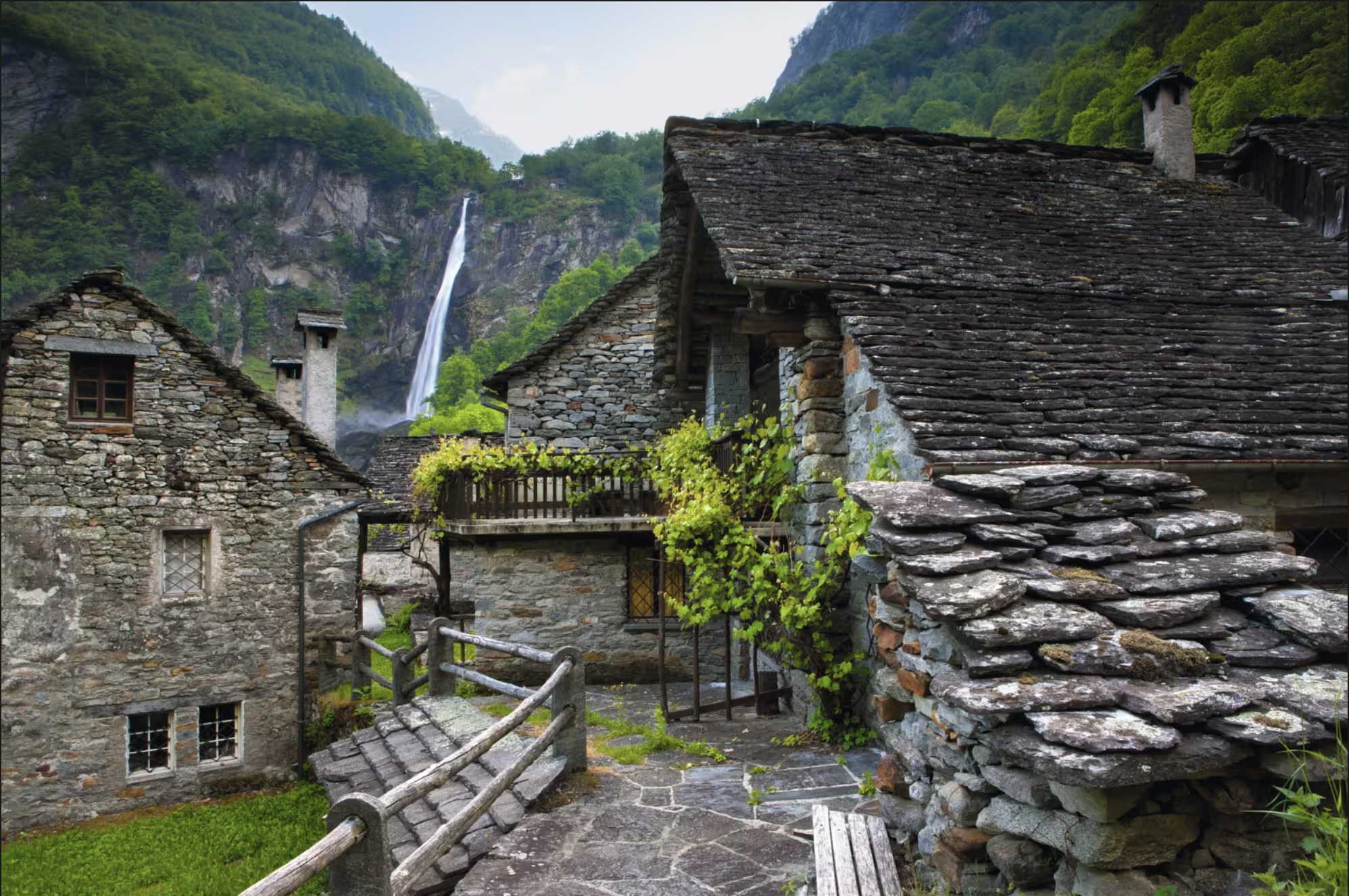 Stone village with waterfall, Valle Maggia